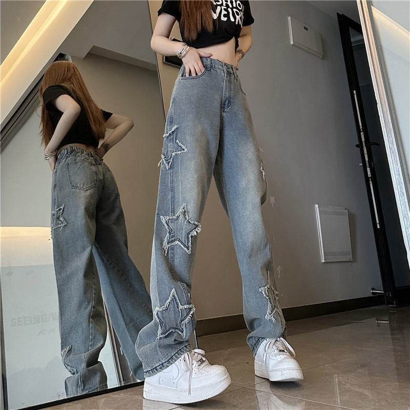 Blue XINGX Embroidered Jeans Women Loose Straight-leg Wide-leg Pants - Mubimart