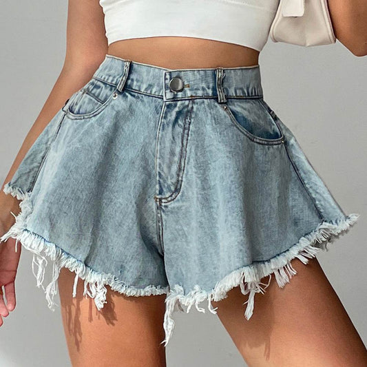 High Waist Loose-fitting Tassel Denim Shorts For Women - Mubimart