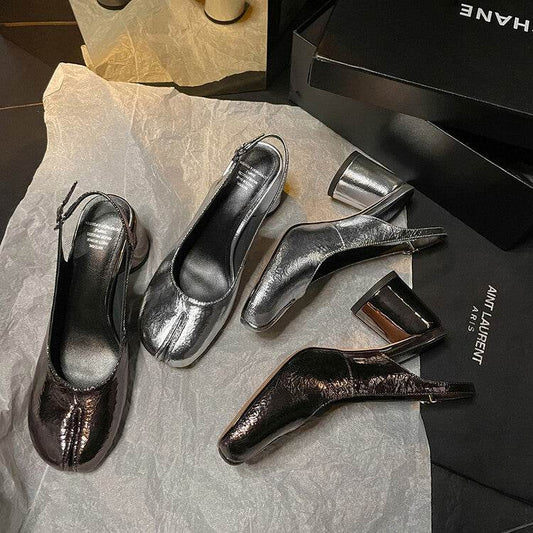 Split-toe Shoes Shallow Mouth Slingback Sandals Women's Chunky Heel Shoes - Mubimart