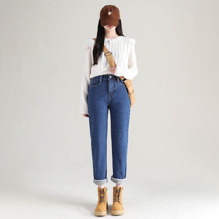 High Waist Thickened Fleece Padded Jeans Women Straight - Mubimart