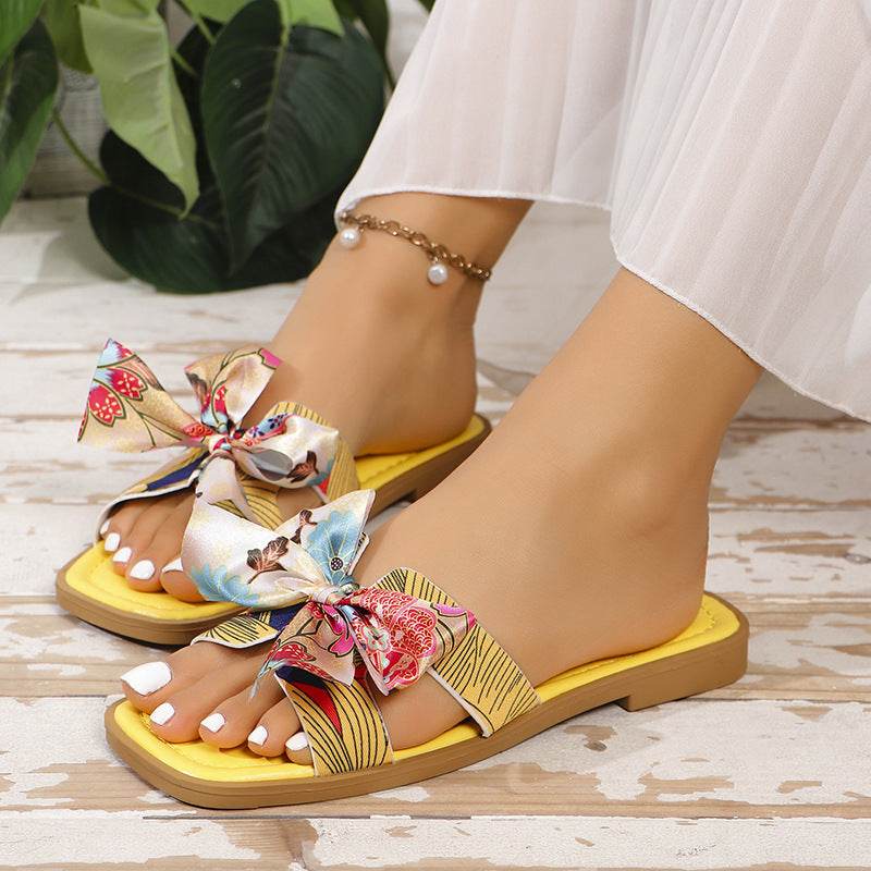Ribbon Bow Sandals Summer New Square Toe Low Heel Sandal For Women Slides Fashion Casual Beach Shoes - Mubimart
