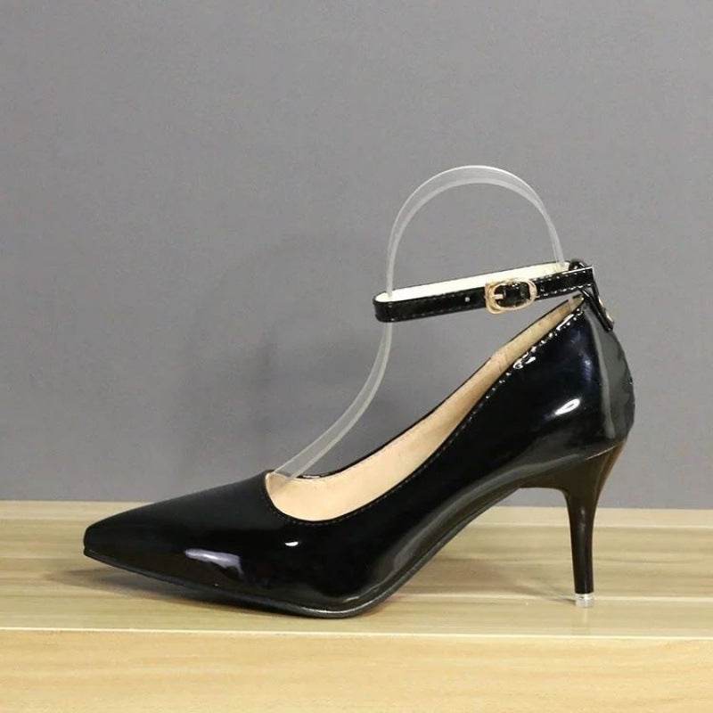 Plus Size One Word Buckle High Heels Female Patent Leather Stilettos - Mubimart