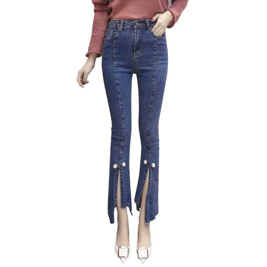 Slit Cropped Micro-flare Jeans Women Slim Slim Straight-leg Pants Trousers - Mubimart