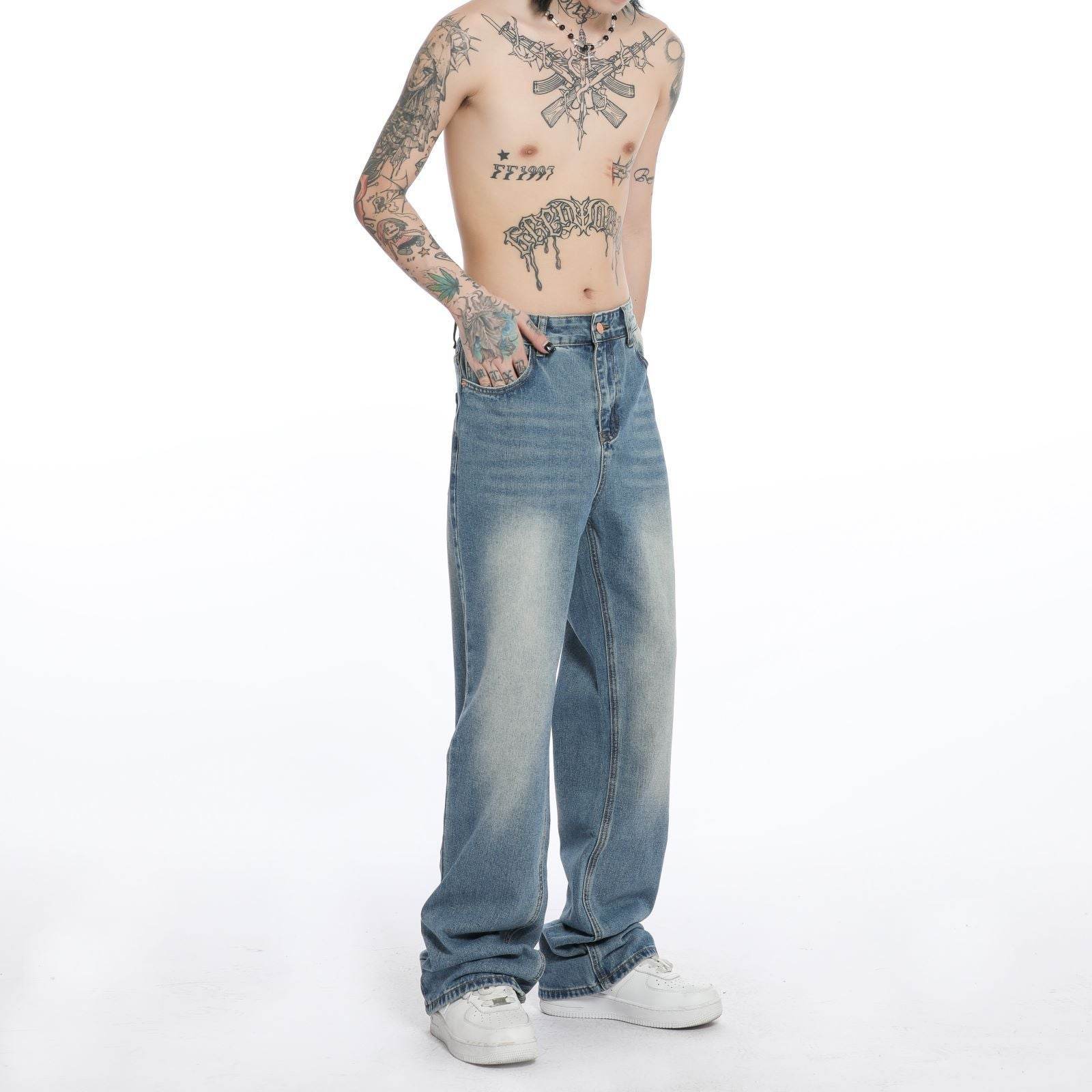 Men's Washed Blue Jeans Straight Bootcut Trousers - Mubimart