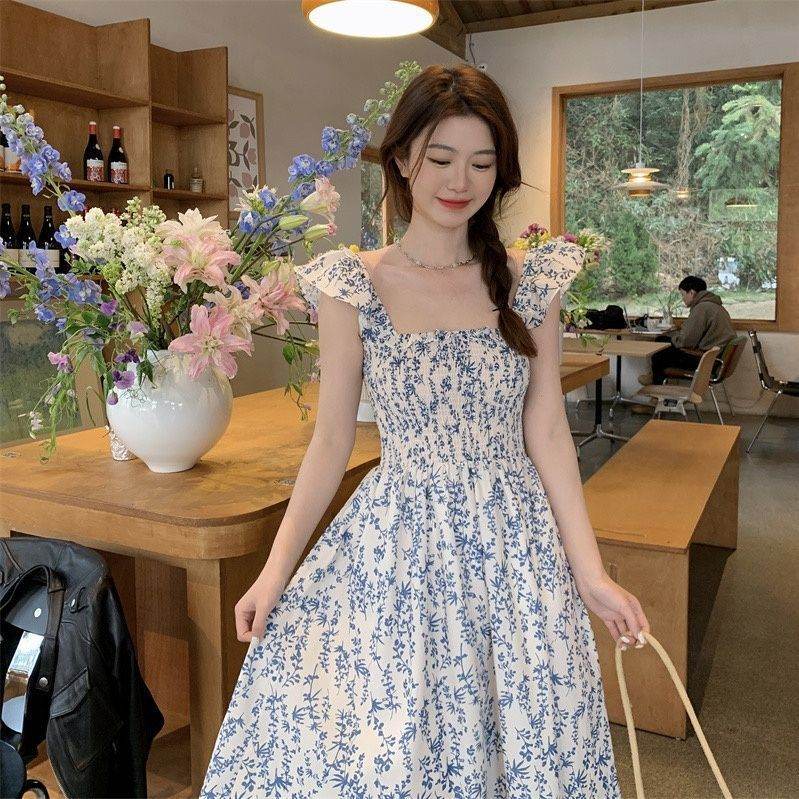 Blue Floral Slip Dress Flying Sleeve Vacation Dress - Mubimart