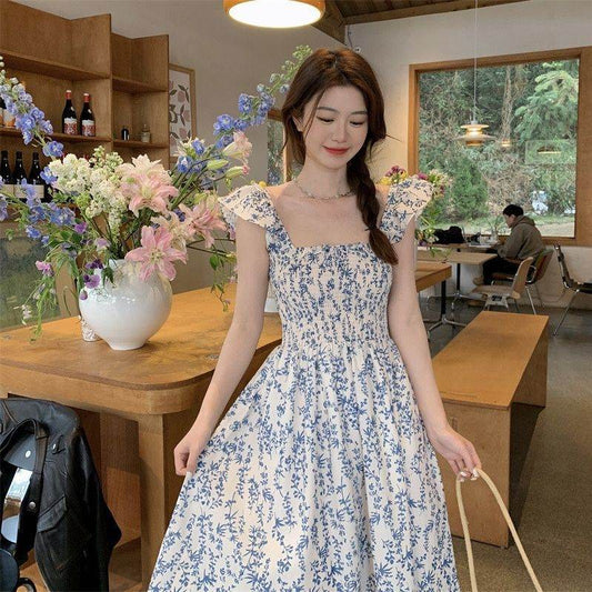 Blue Floral Slip Dress Flying Sleeve Vacation Dress - Mubimart