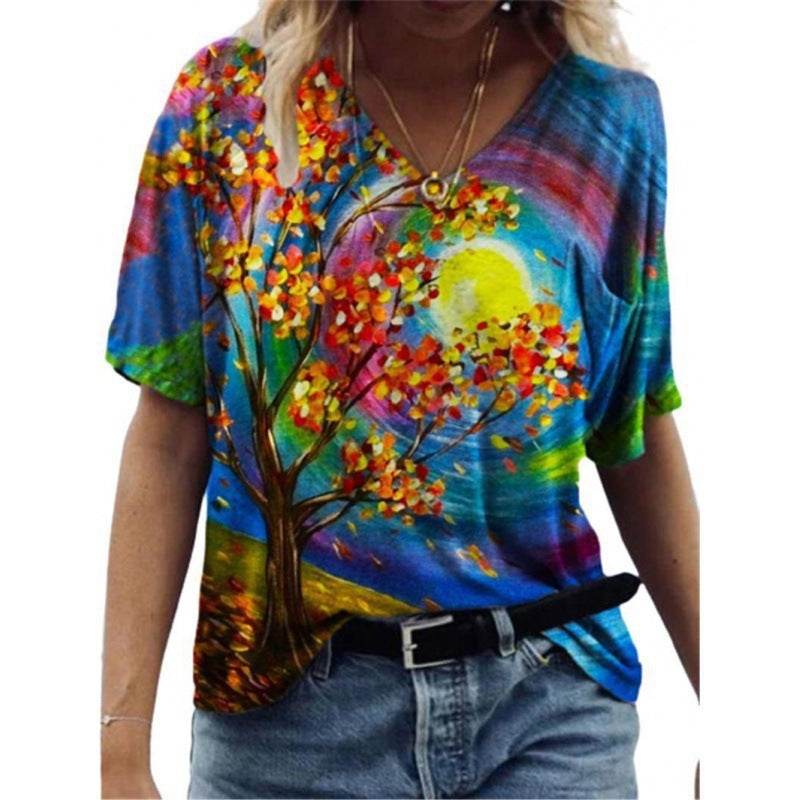 Flower Painting Printed T-shirt For Women - Mubimart