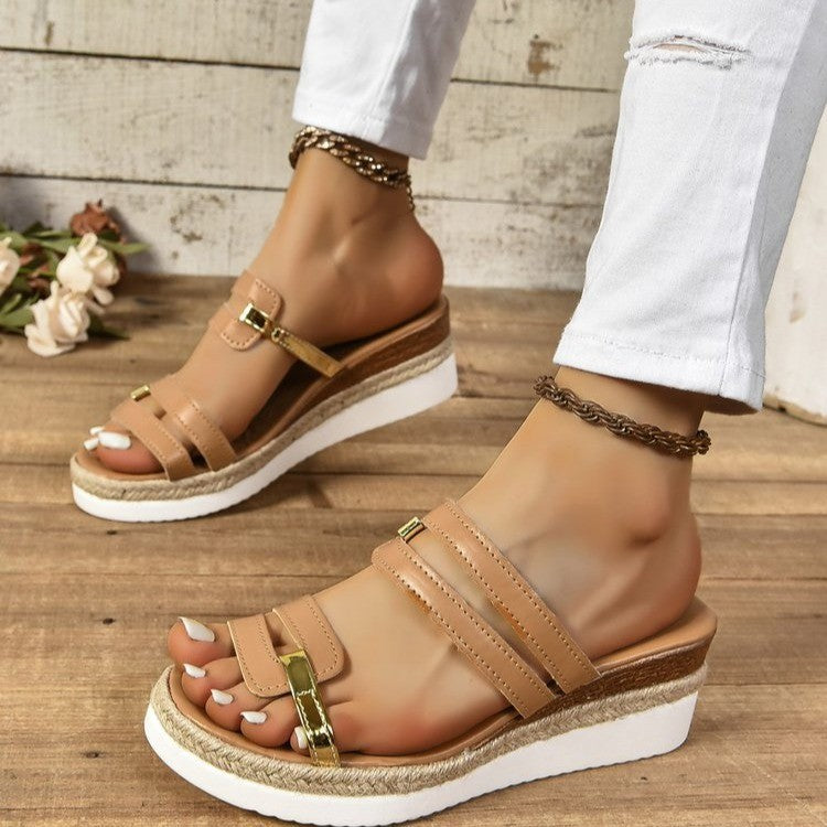 Sandalen mit Keilabsatz und Farbblock-Riemen, Sommermode, Hanf-Absatz, Pantoletten, Outdoor, dicke Sohle, Fischmaulschuhe für Damen