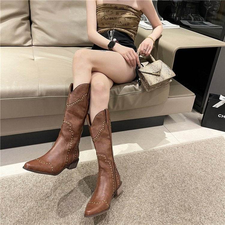Retro Rivet Western Cowboy Boot All-match High-top Women - Mubimart
