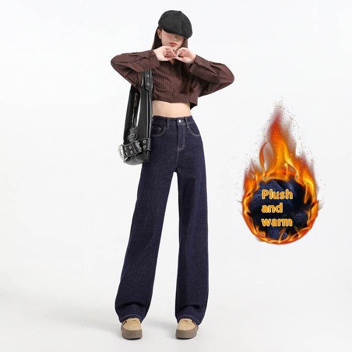 Fleece-lined Thickened Straight Jeans For Women - Mubimart