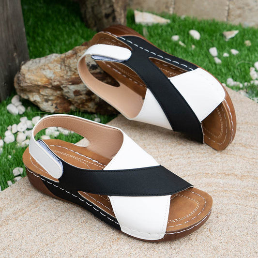 Summer Wedges Sandals With Colorblock Cross-strap Design Casual Thick-soled Roman Shoes For Women - Mubimart