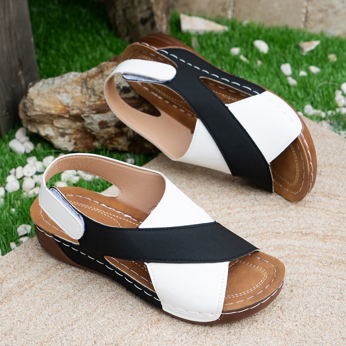 Summer Wedges Sandals With Colorblock Cross-strap Design Casual Thick-soled Roman Shoes For Women - Mubimart -  