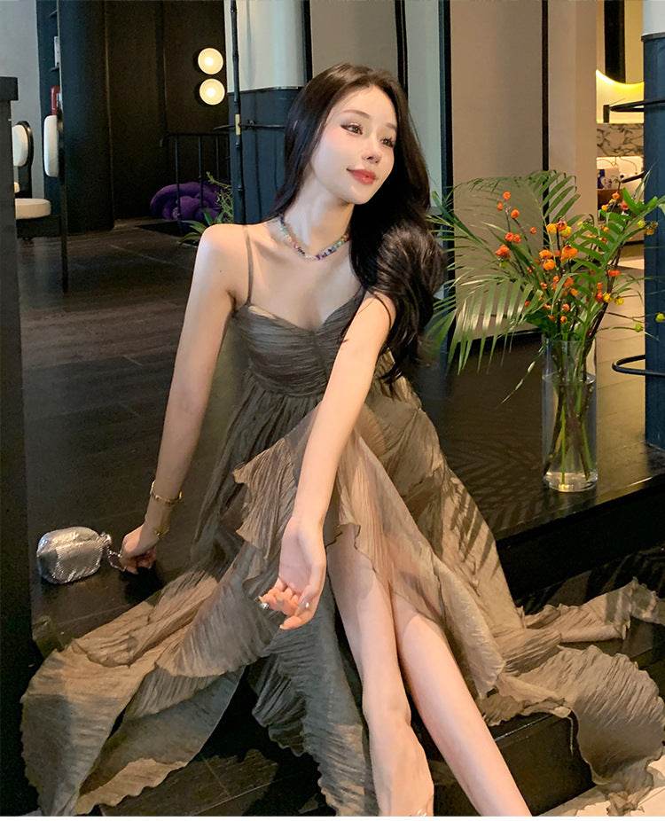 Pleated Irregular Elegant Midi Dress - Mubimart