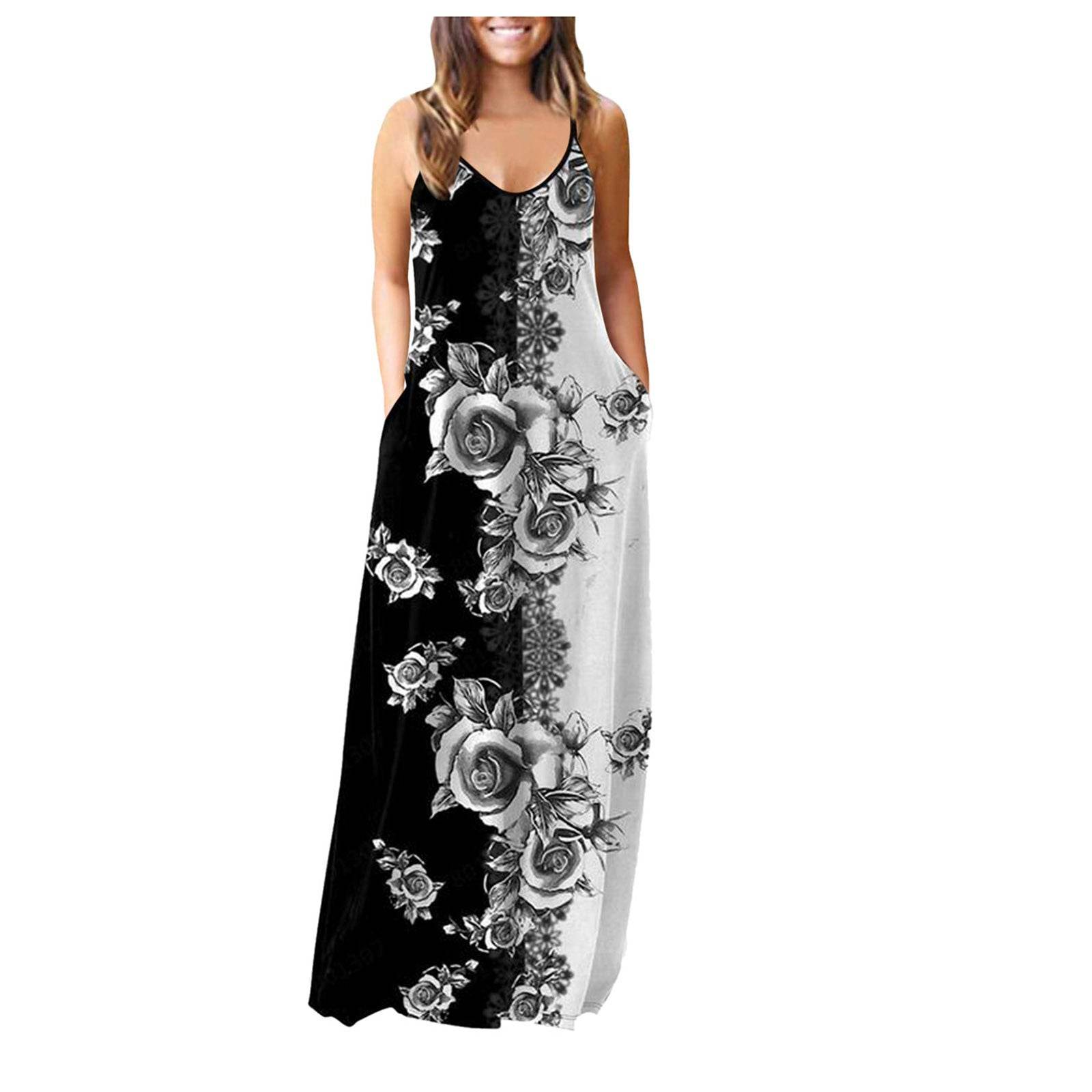 Casual Print Plus Size Sling Long Dress - Mubimart