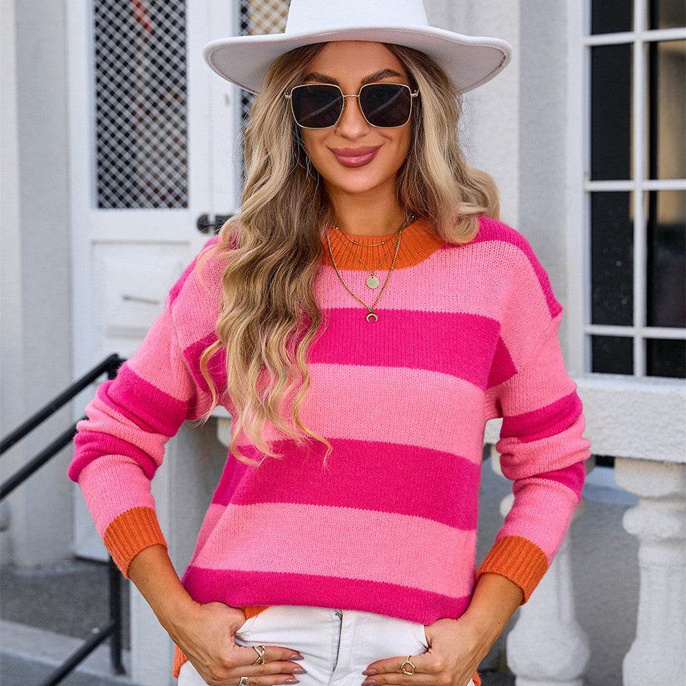 Women's Striped Plus Size Stitching Sweater - Mubimart