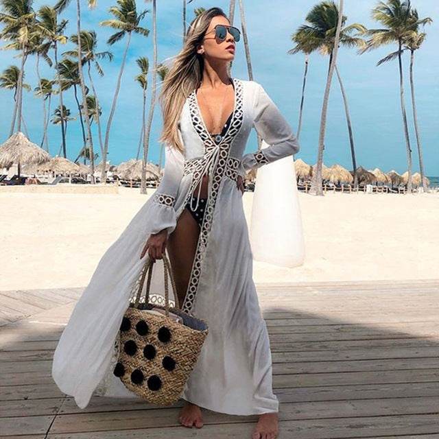 Women Crochet Beach Knitted Beach Cover Up Dress Tunic Long - Mubimart