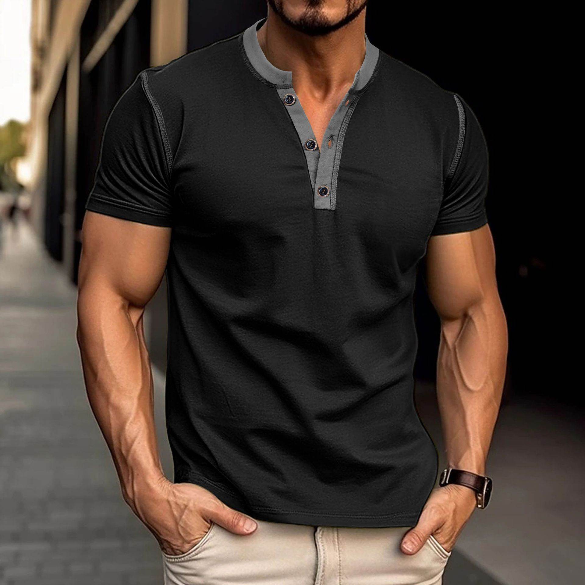 Fashion Short-sleeved Polo Shirt Summer Button V-neck T-shirt Tops Mens Clothing - Mubimart