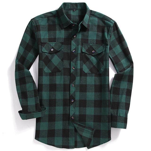 New Men Casual Plaid Flannel Shirt Long-Sleeved Chest Two - Mubimart