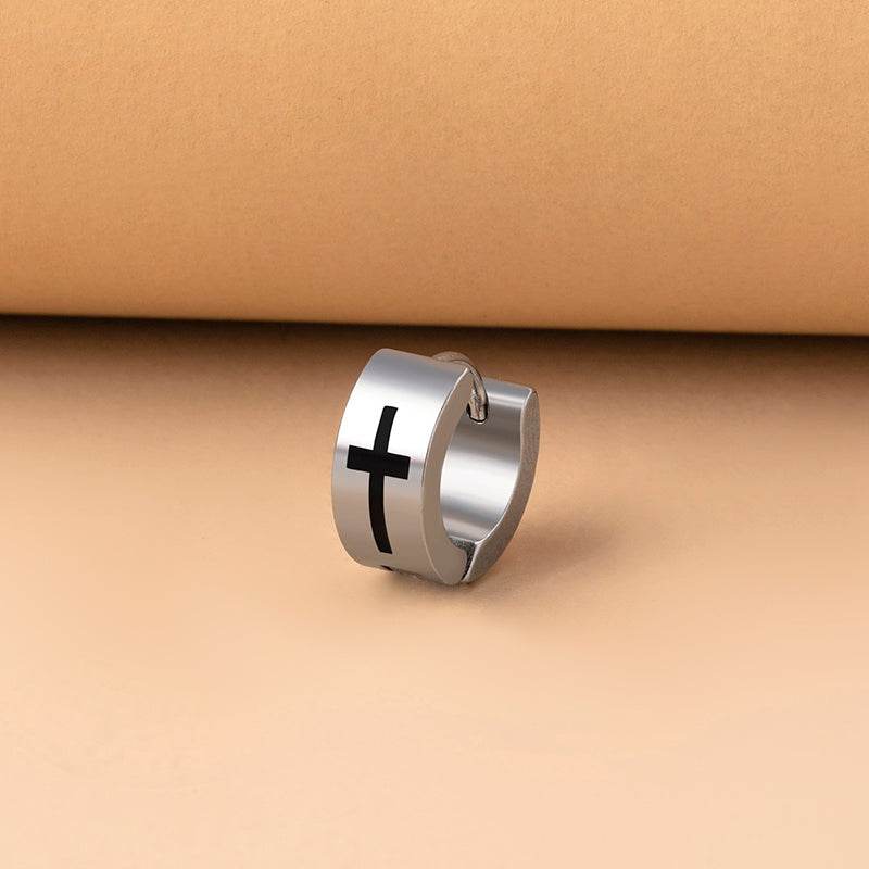 Black Silver Stainless Steel Cross Stud Earrings For Men - Mubimart