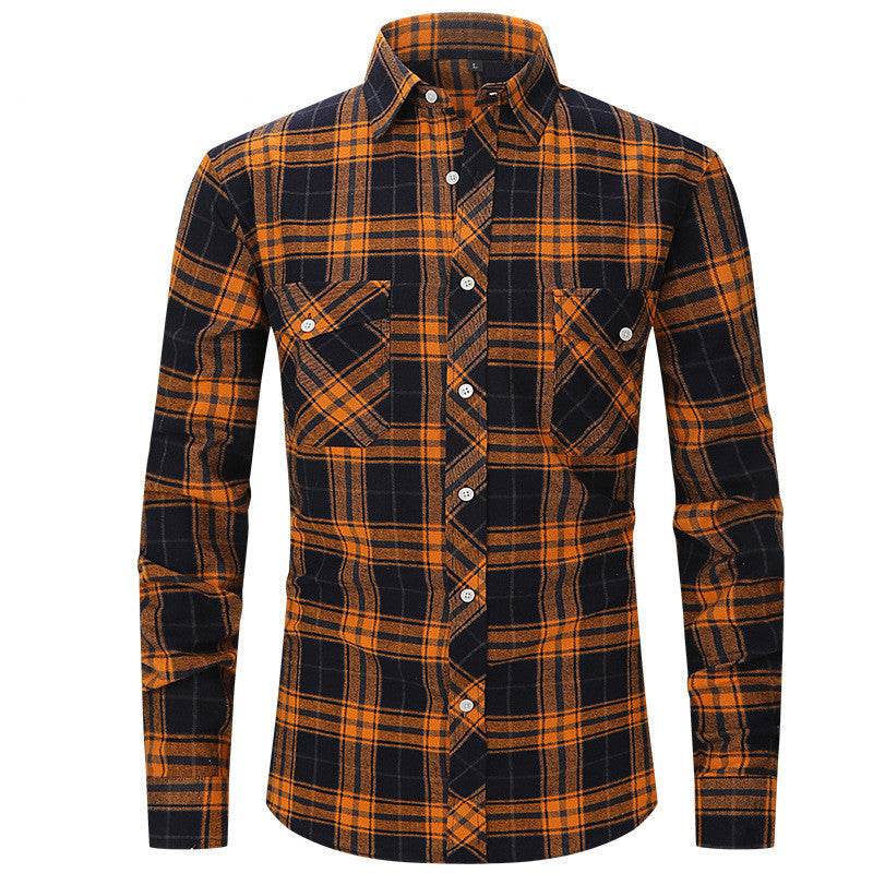 Men's Long Sleeve Double Pocket Flannel Shirt With Brushed Plaid - Mubimart