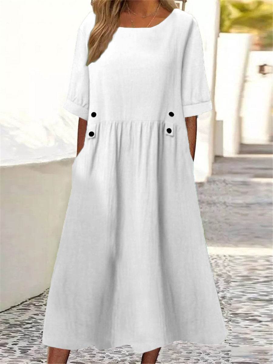 Plus Size Casual Round Neck Shirt With Half Sleeve Button Dress Women - Mubimart