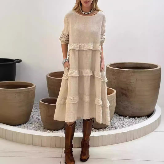 Women's Long Sleeve Patchwork Round Neck Ruffles Dress