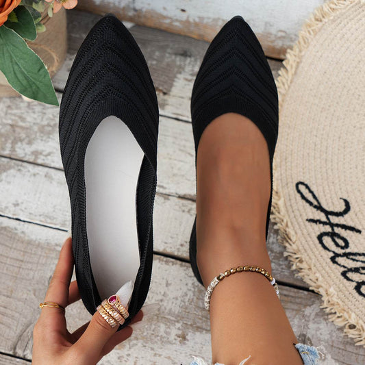 Pointed Toe Bottom Flat Heel Casual Knitted Shoes - Mubimart