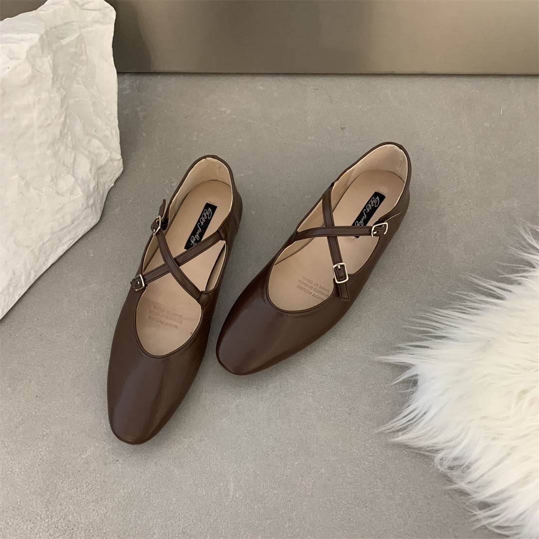 Cross Buckle Flats Women's Retro - Mubimart