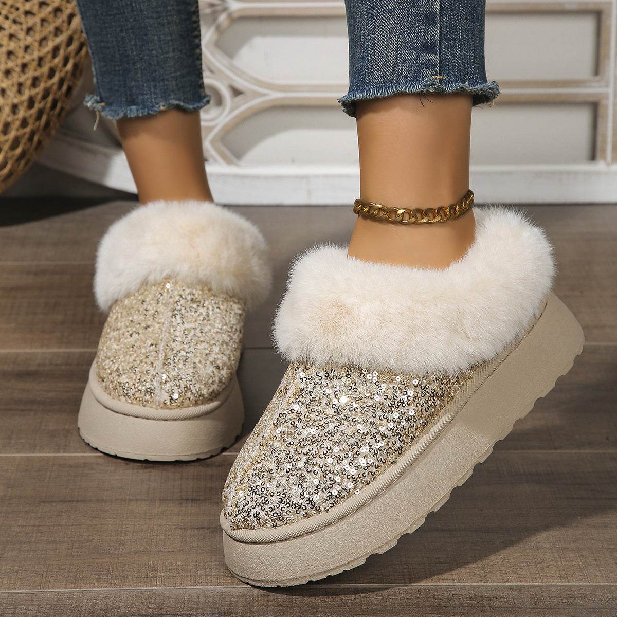 Fashion Sequined Thick-soled Plush Shoes Winter Indoor And Outdoor Casual Warm Slippers Women Garden House Shoes - Mubimart