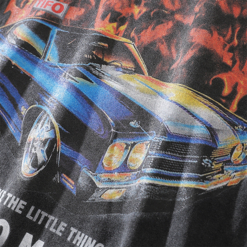 Mens Loose Casual Flame Car Graphic Short Sleeve T-Shirt