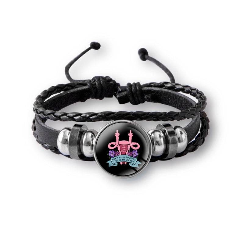 Mind Your Own Uterus Glass Snap Button Charm Bracelet Vintage Multi-layer Leather Bracelets For Women Men - Mubimart