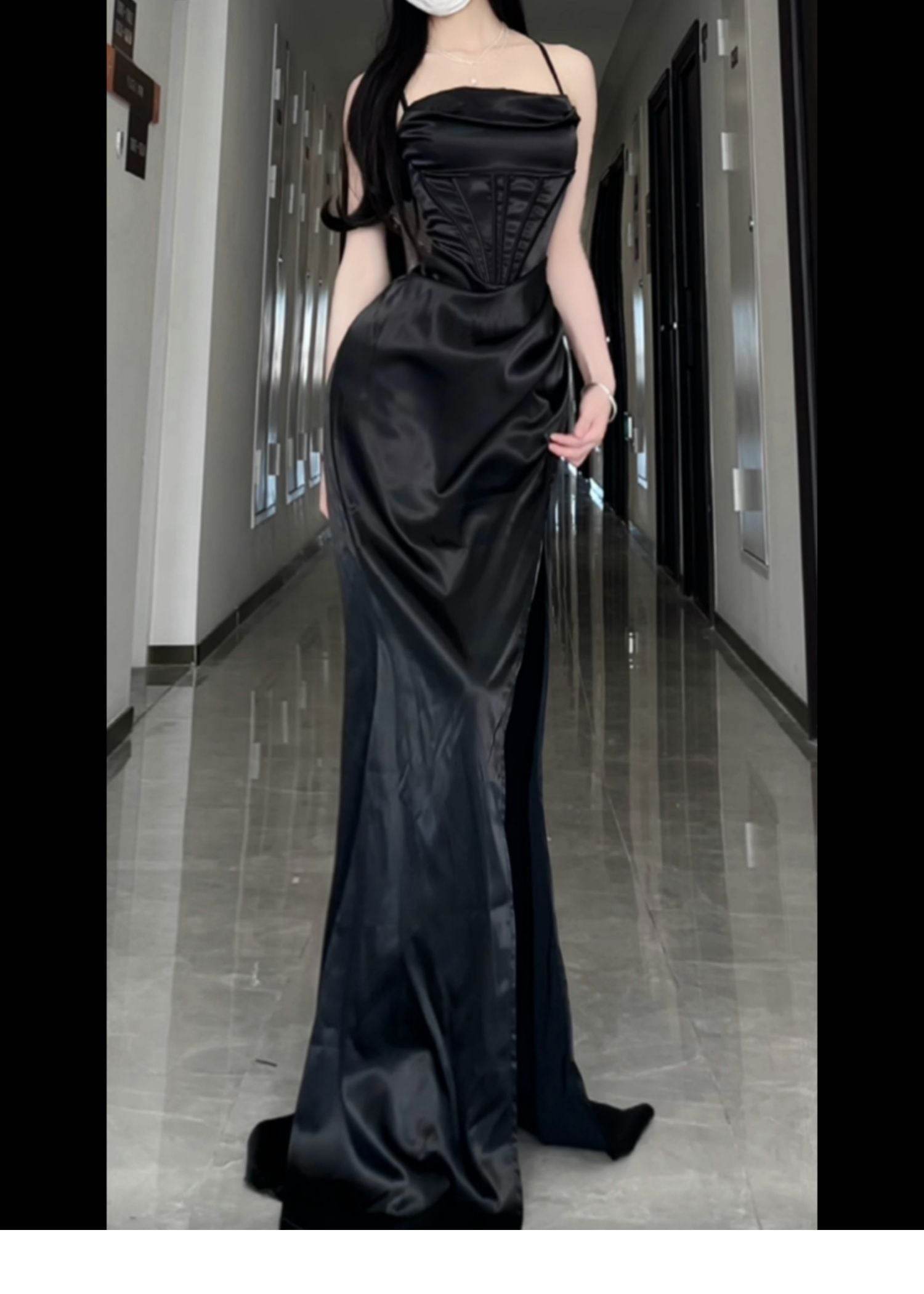 Long Formal Plus Size Black Slit Sling Dress - Mubimart