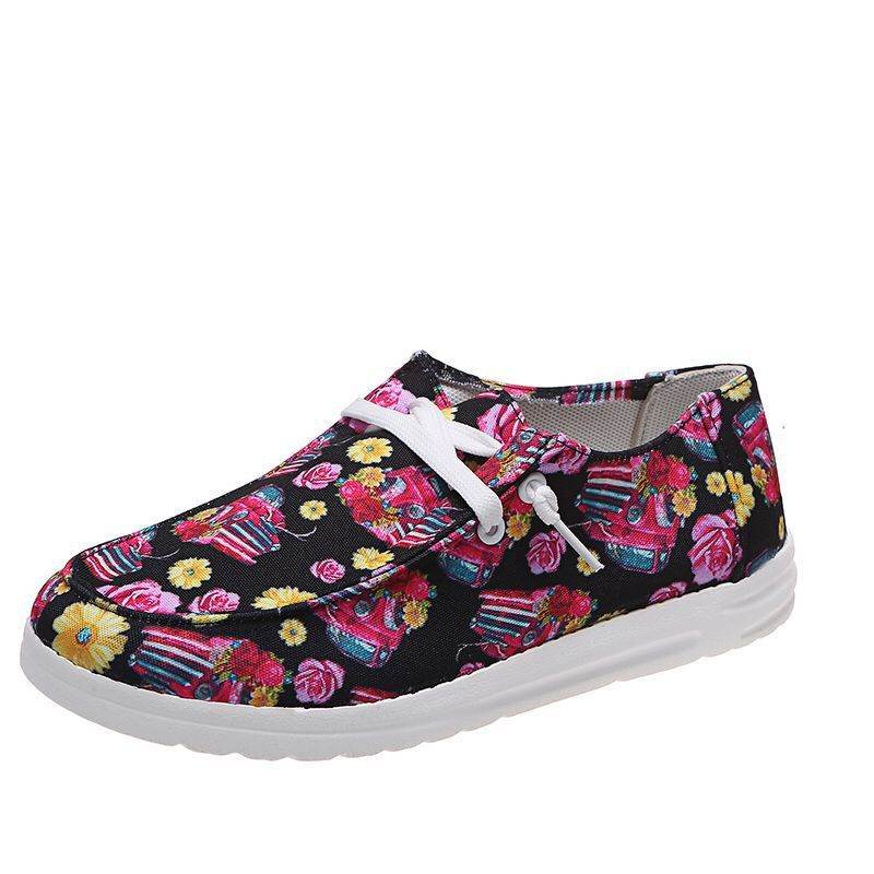 Loafers Women Sunflower Print Flats Casual Canvas Shoes Non-lace Lazy Shoes - Mubimart