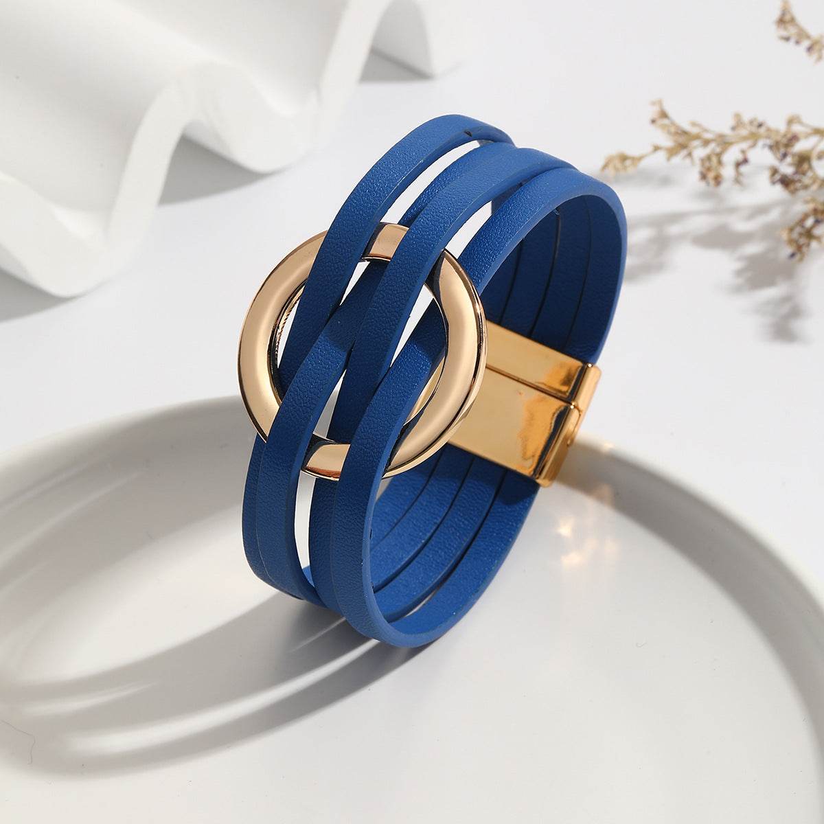 Cross Leather Women Bracelet Metal Big Ring Cuff Bangle Multi-layer Wristband Magnetic Snap Bangle - Mubimart