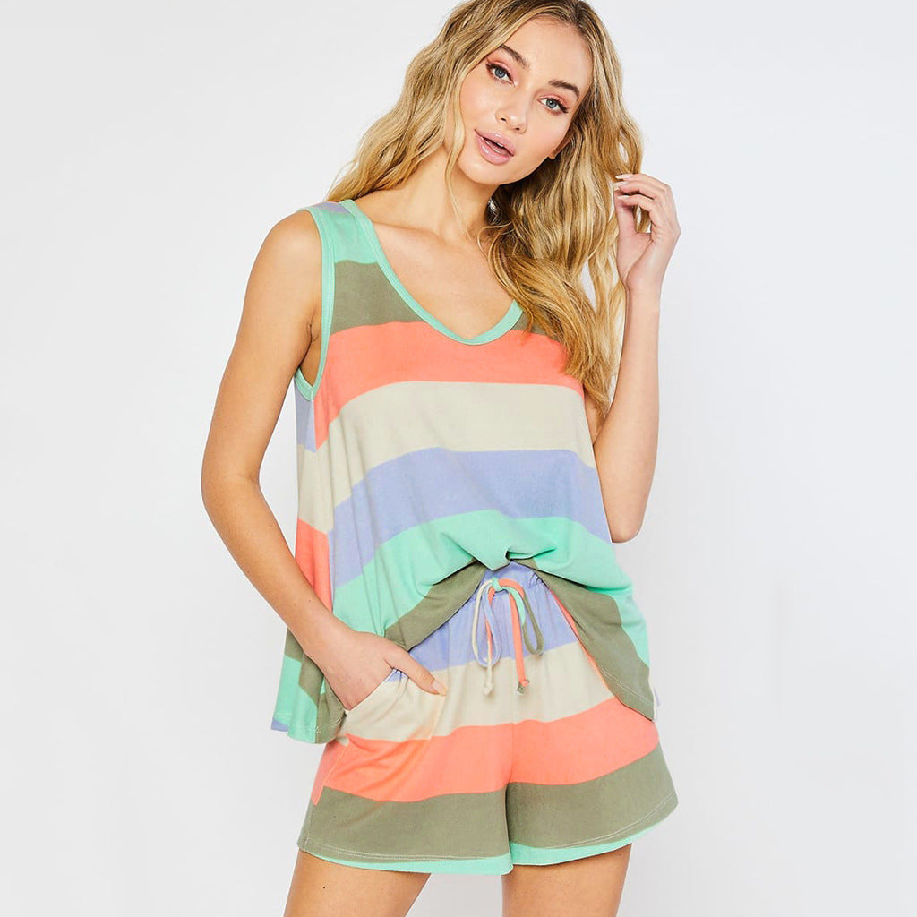 Womens Rainbow Stripes Short Sleeve Pajama Set Night Lounge Top Short - Mubimart -  