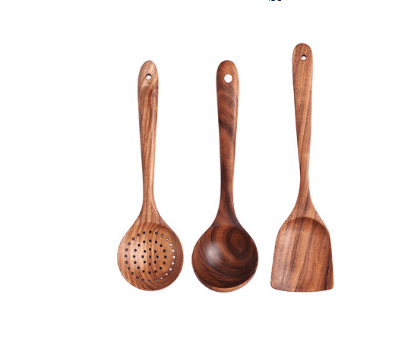 1-7Pcs Set Natural Wood Teak Tableware Spoon Colander Special Spoon Nano Soup Skimmer Wooden Cooking Spoon Kitchen Tool Kit - Mubimart