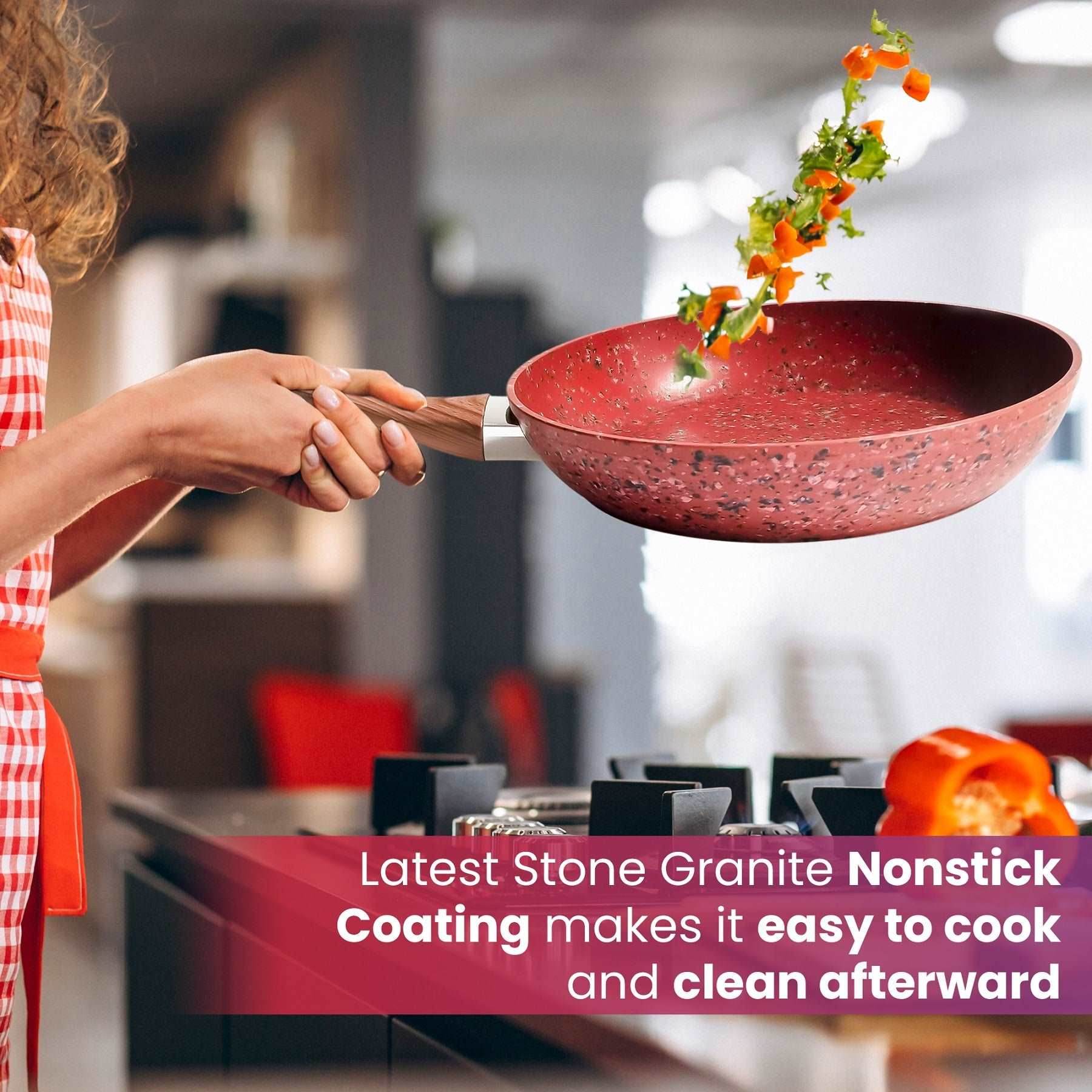 10 Inch Frying Pan With Special Lid - Deluxe Copper Granite Stone Coating - PFOA PFOS PTFE Free - Premium Nonstick Scratch Proof Coating - Comes With Special Lid, Red - Mubimart