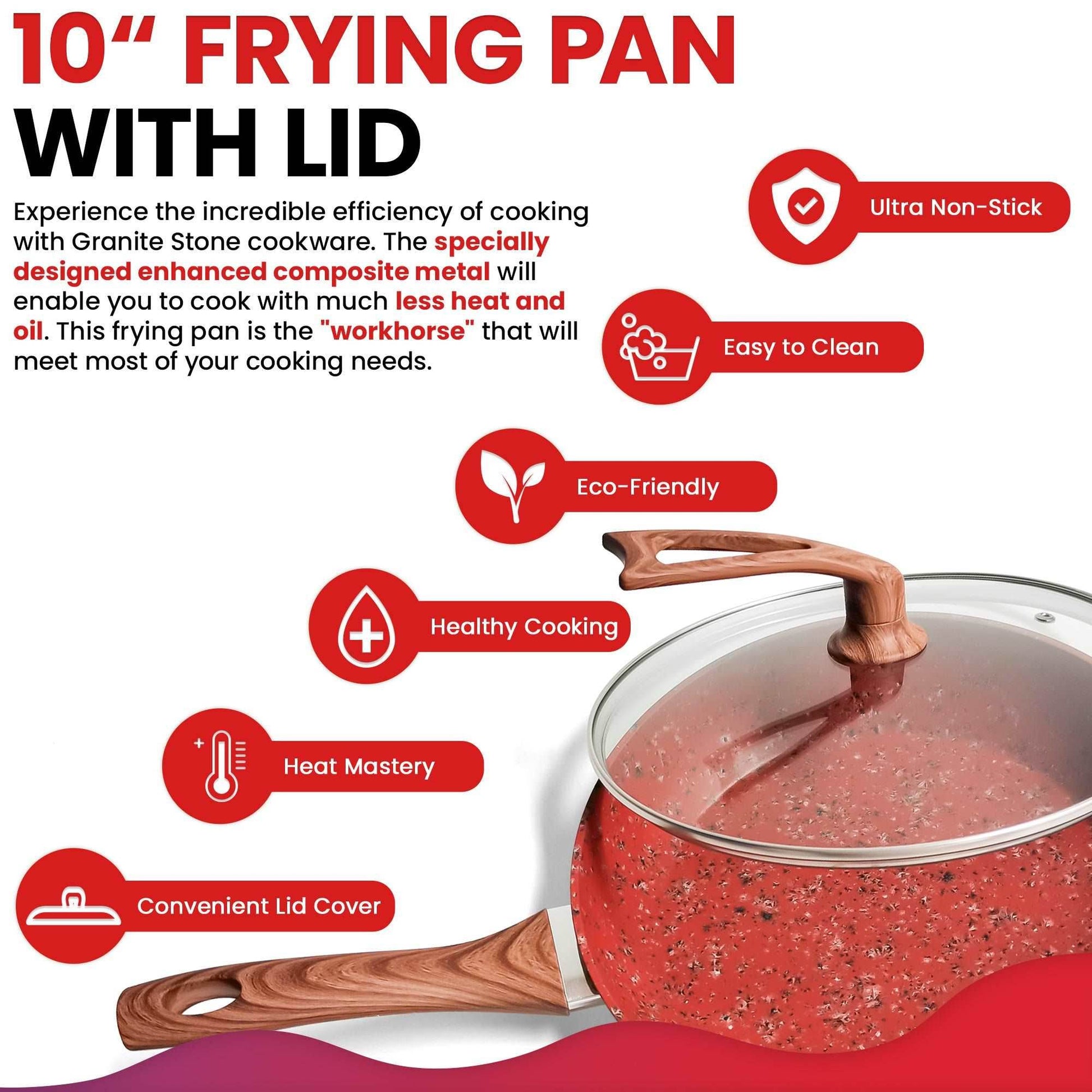 10 Inch Frying Pan With Special Lid - Deluxe Copper Granite Stone Coating - PFOA PFOS PTFE Free - Premium Nonstick Scratch Proof Coating - Comes With Special Lid, Red - Mubimart