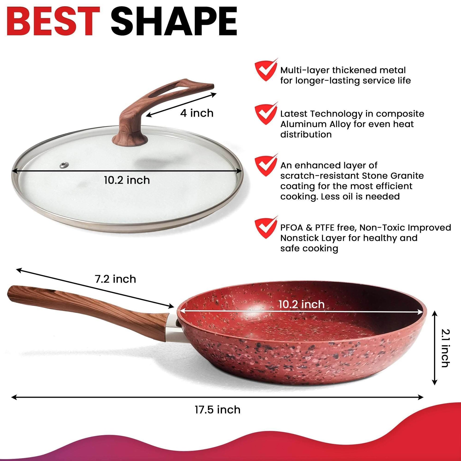 10 Inch Frying Pan With Special Lid - Deluxe Copper Granite Stone Coating - PFOA PFOS PTFE Free - Premium Nonstick Scratch Proof Coating - Comes With Special Lid, Red - Mubimart