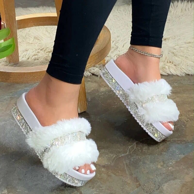 Large size rhinestone plush slipper - Mubimart -  