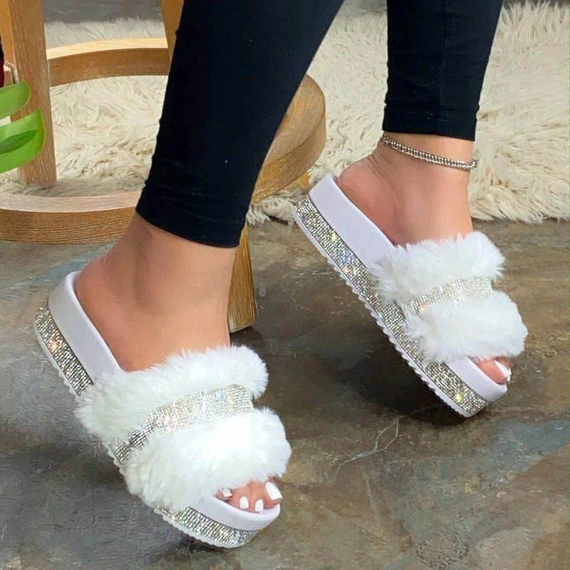 Large size rhinestone plush slipper - Mubimart