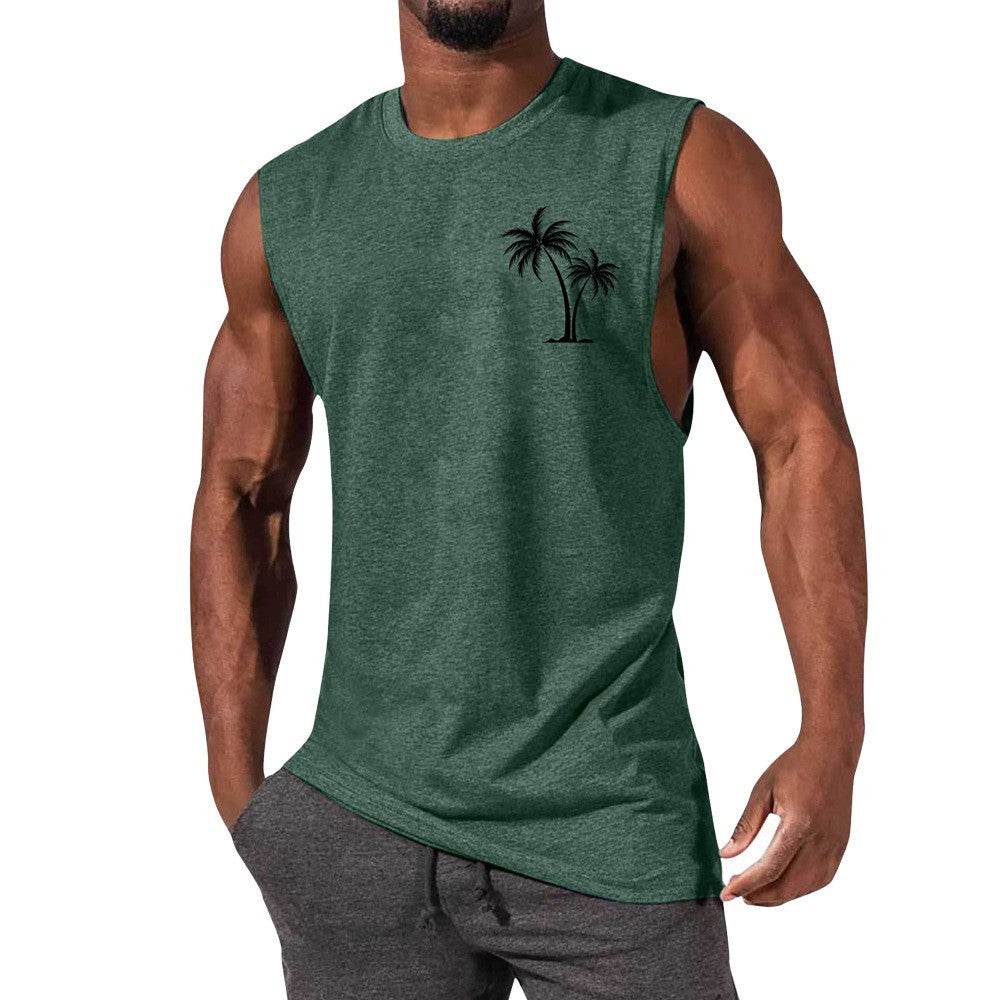 Coconut Tree Embroidery Vest Summer Beach Tank Tops Workout Muscle Men Sports Fitness T-shirt - Mubimart