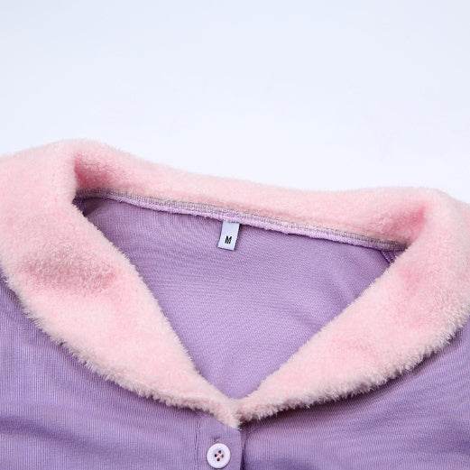 Purple Women Long Sleeve Crop Top - Mubimart
