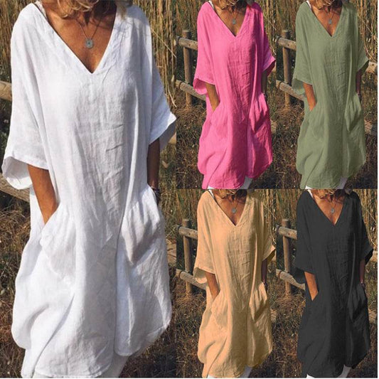 Oversized V-neck midi dress - Mubimart