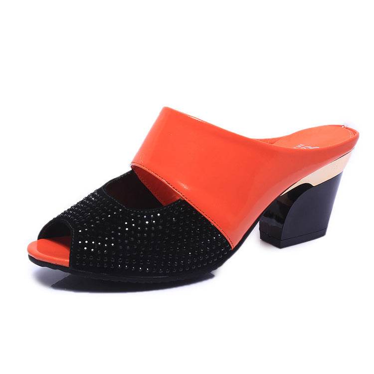 Patent leather rhinestone block heel sandals - Mubimart