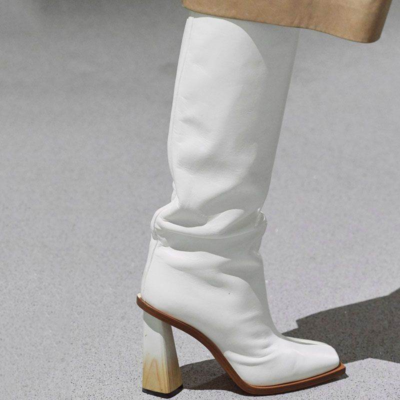 Square toe chunky heel mid boots - Mubimart