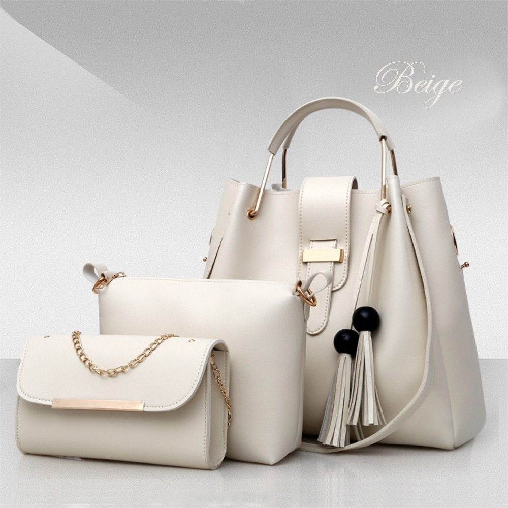 Women 3Pcs Or Set Handbags PU Leather Shoulder Bags Casual Tote Bag Tassel Metal Handle Designer Composite Bags - Mubimart