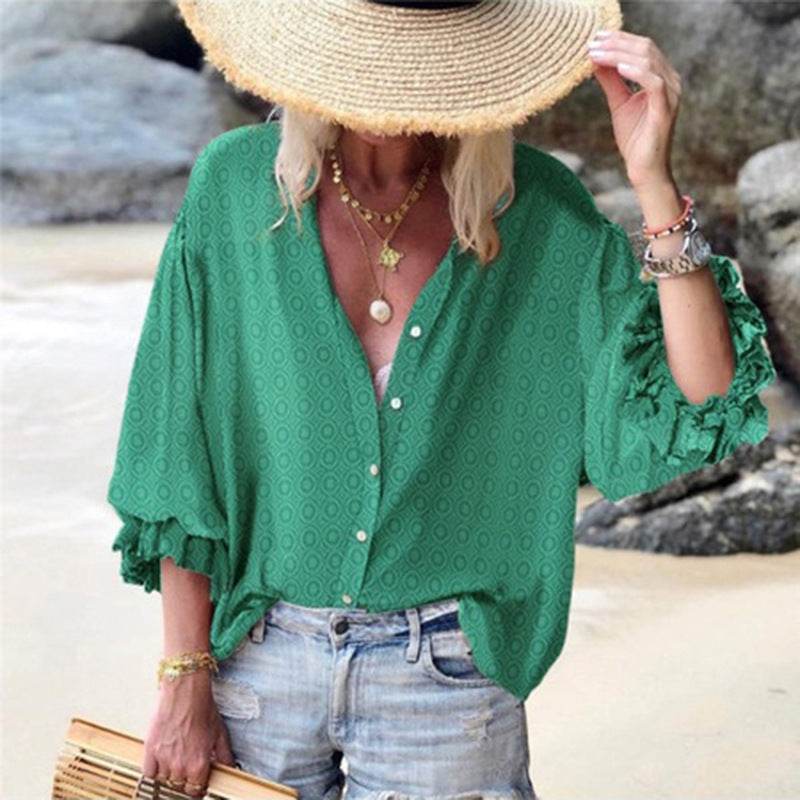 Small dot casual button down blouse for women - Mubimart