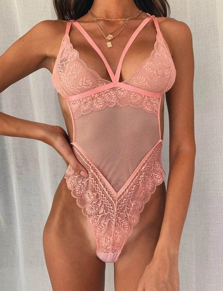 Women Teddy Hot Erotic Dress V-neck Underwear Transparent Lace Mesh Sheer Lenceria Babydoll Costumes Bodysuits - Mubimart
