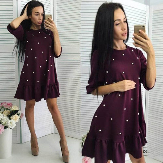 Stylish Autumn Style Women Casual Sleeve Half O-neck Beaded Ruffle Dress Chasuble Autumn Mini Dresses Straight Plus Size - Mubimart